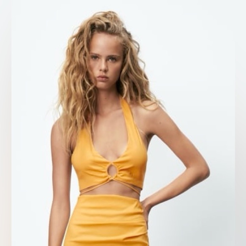 Zara yellow linen blend crop halter top